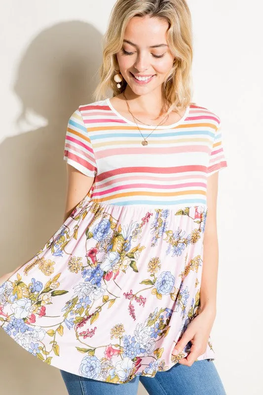 MULTI STRIPE FLORAL PRINT MIXED TOP