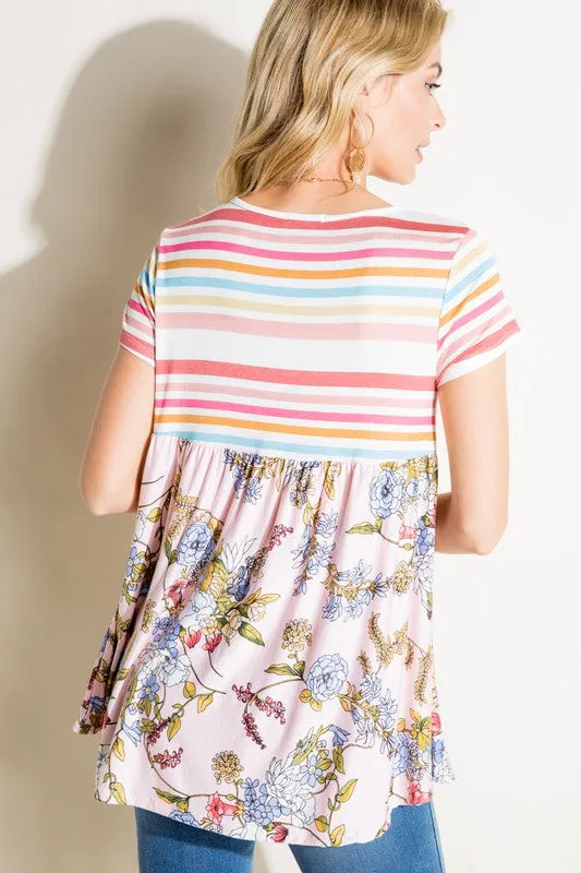 MULTI STRIPE FLORAL PRINT MIXED TOP