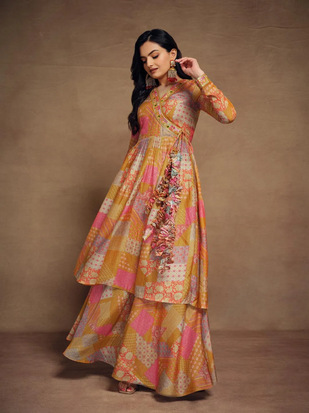 Mustard color muslin ready-to-wear palazzo suit