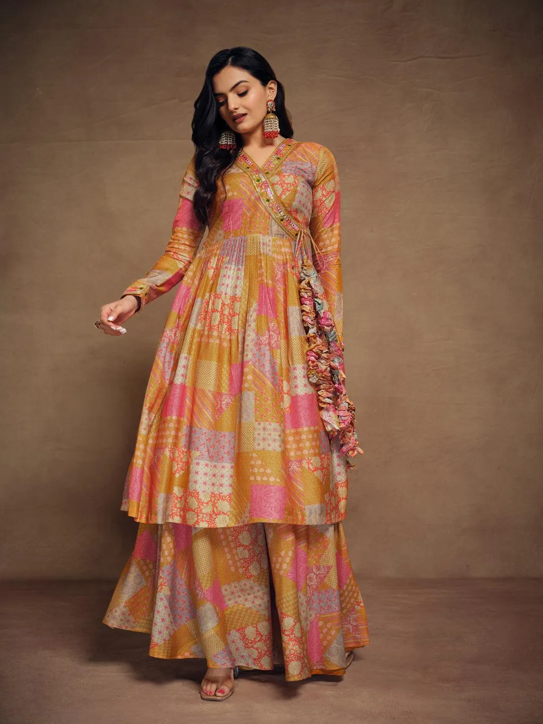 Mustard color muslin ready-to-wear palazzo suit