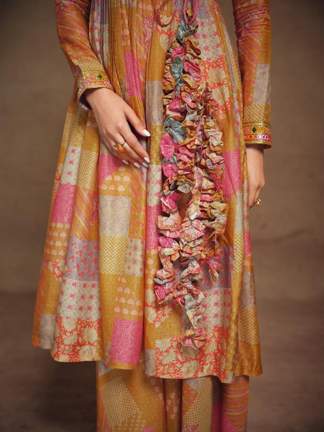 Mustard color muslin ready-to-wear palazzo suit