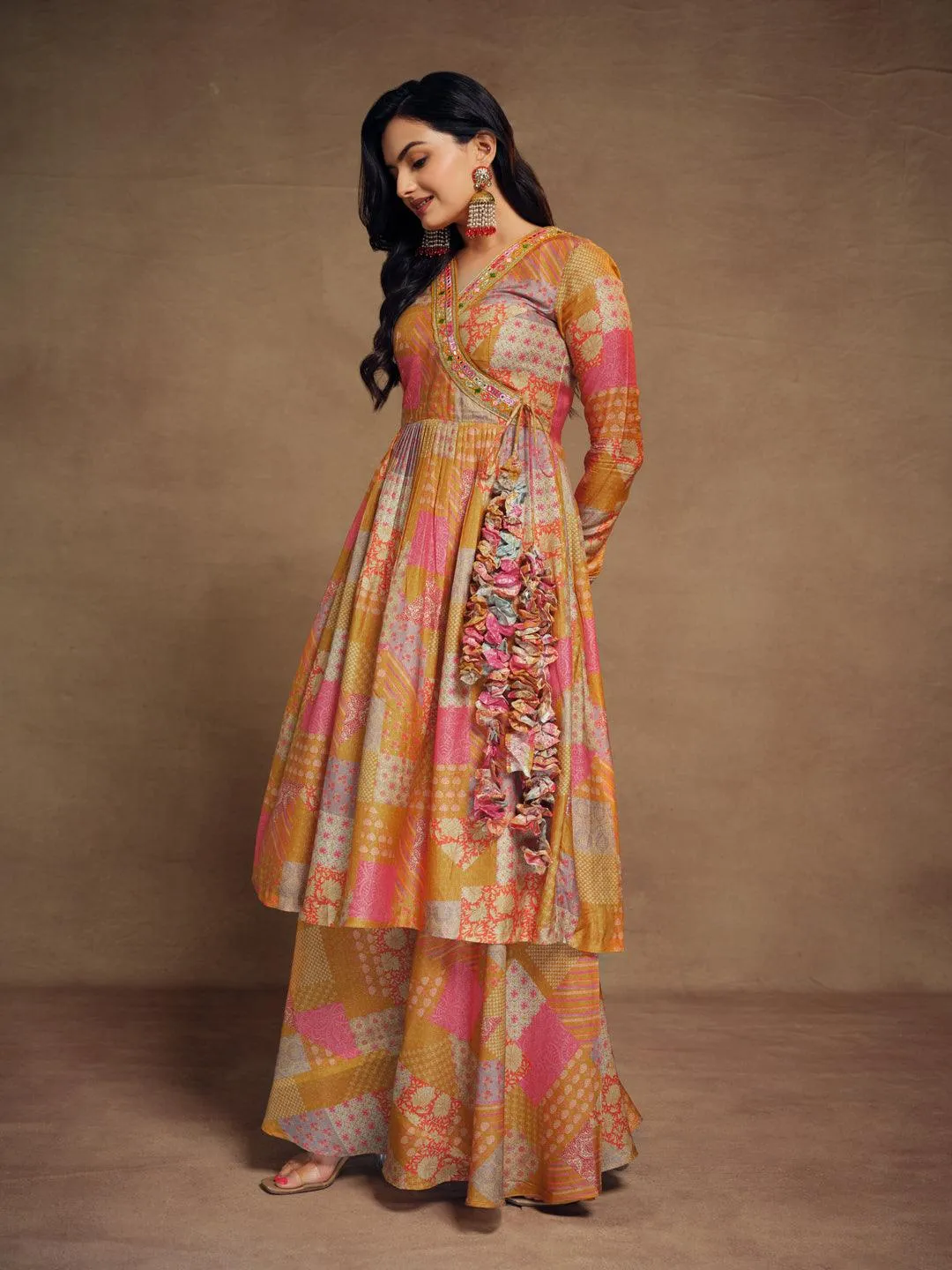 Mustard color muslin ready-to-wear palazzo suit