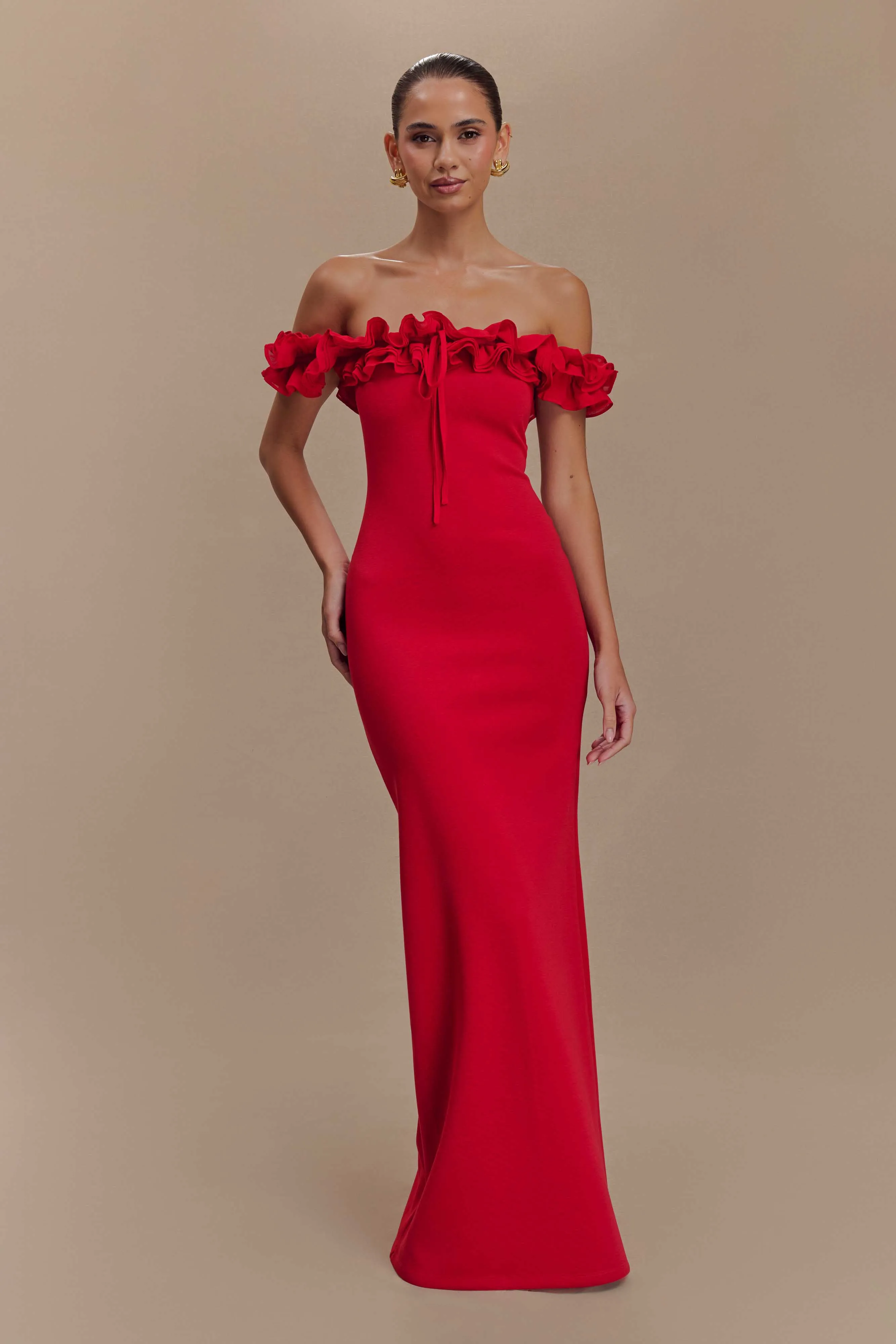 Nova Ruffle Off Shoulder Maxi Dress - Ruby