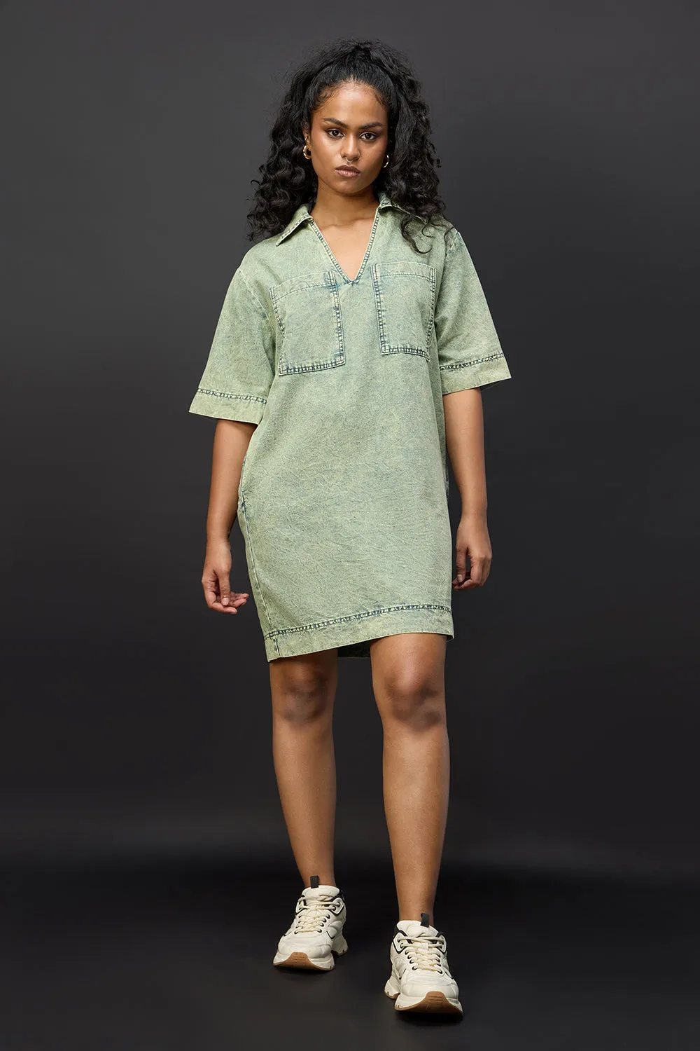 Ocean Green Denim Boxy Shirt Dress