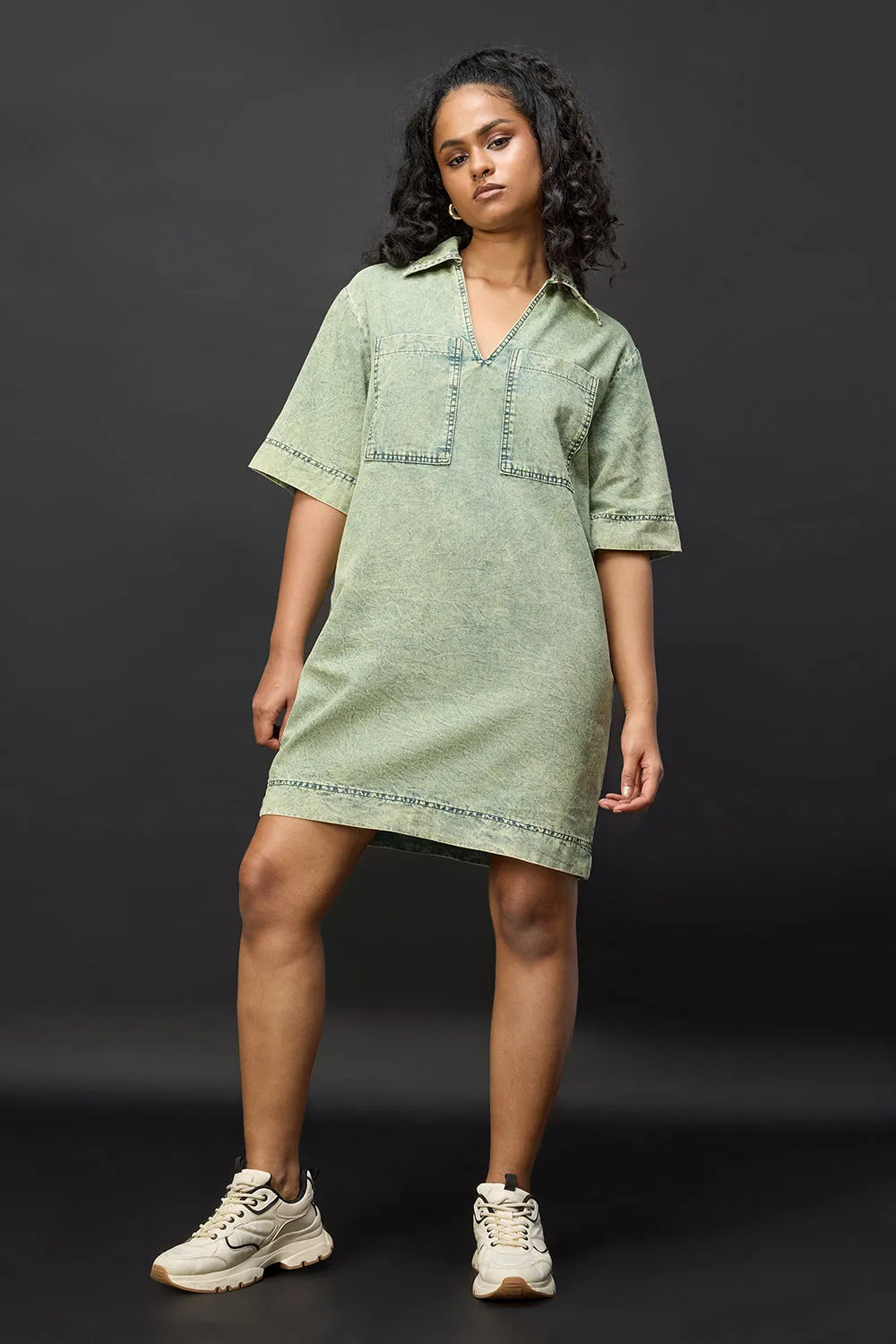 Ocean Green Denim Boxy Shirt Dress