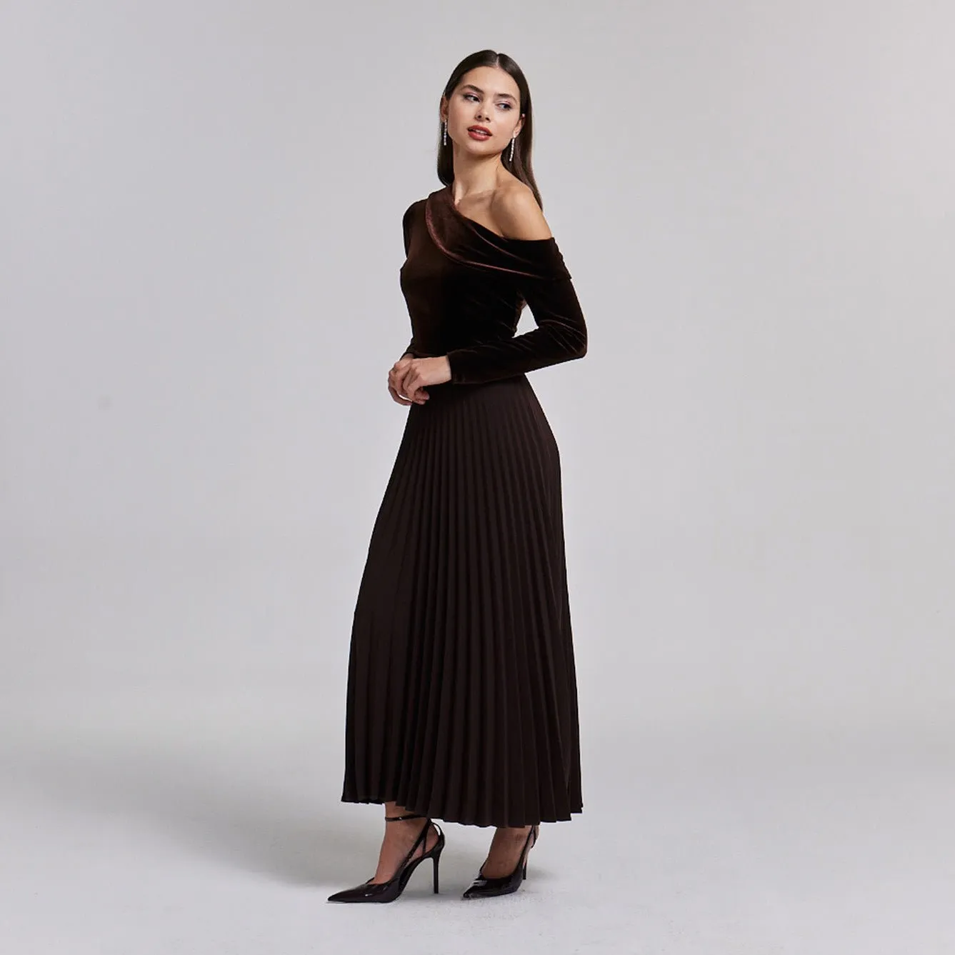 Off Shoulder Long Sleeve Velvet Maxi Dress