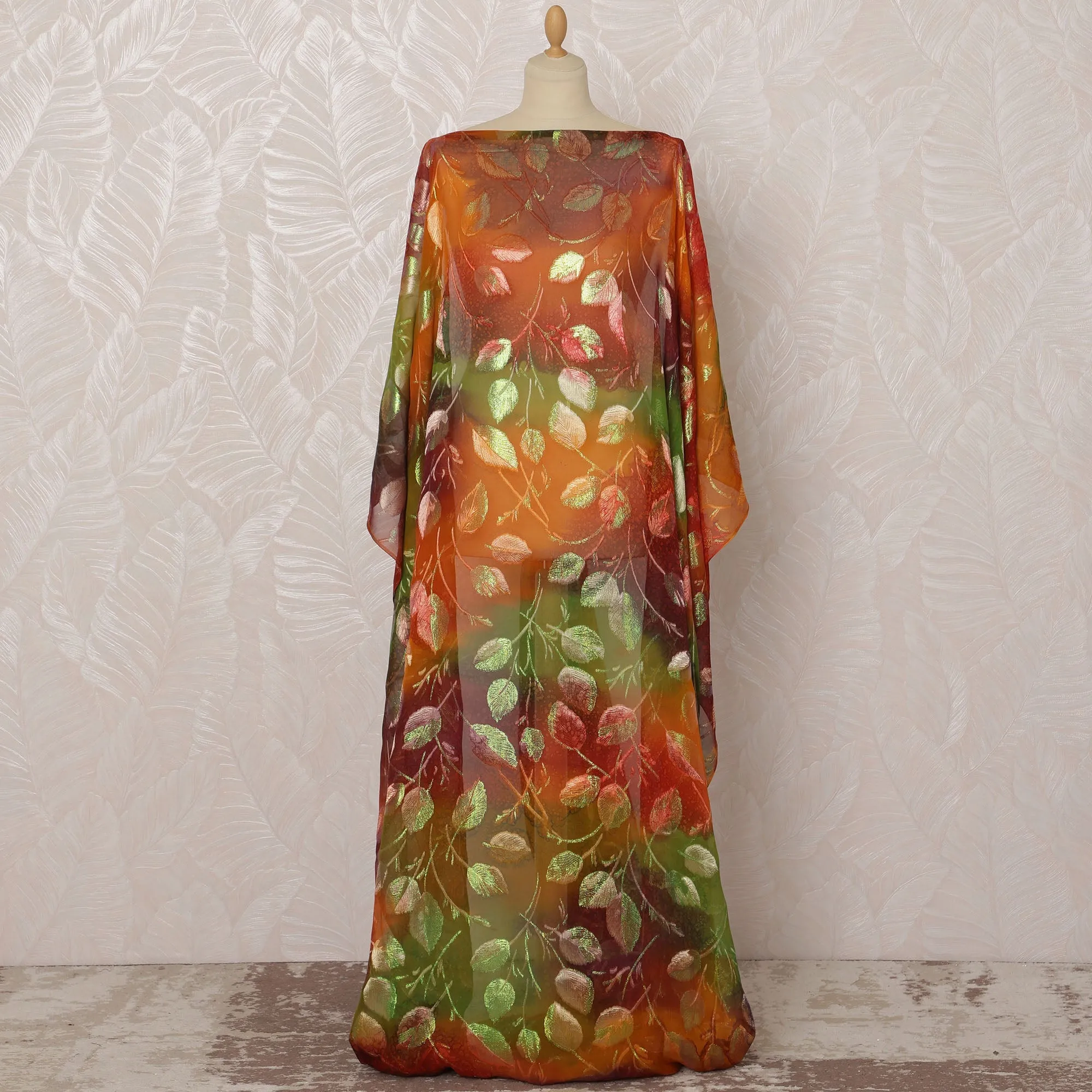 Orange and Green Leaf Pattern Silk Chiffon Dirac Fabric with Metallic Lurex, 3.5 Meters, 140 cm Width-D20812