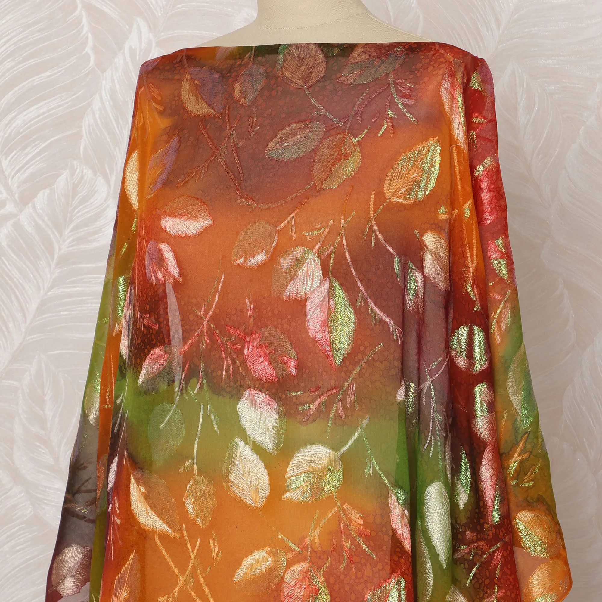 Orange and Green Leaf Pattern Silk Chiffon Dirac Fabric with Metallic Lurex, 3.5 Meters, 140 cm Width-D20812