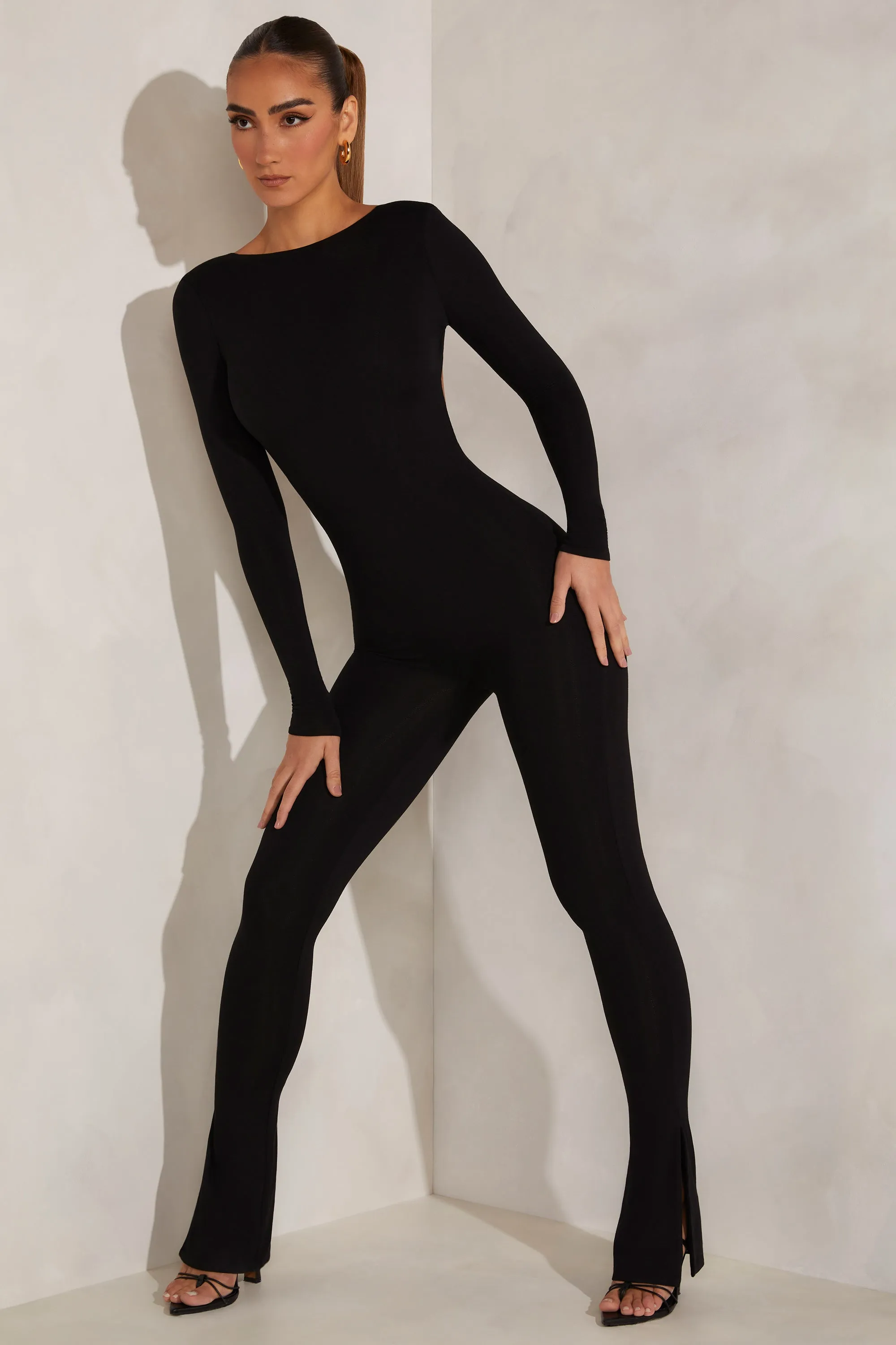 Petite High Neck Open Back Jumpsuit in Black