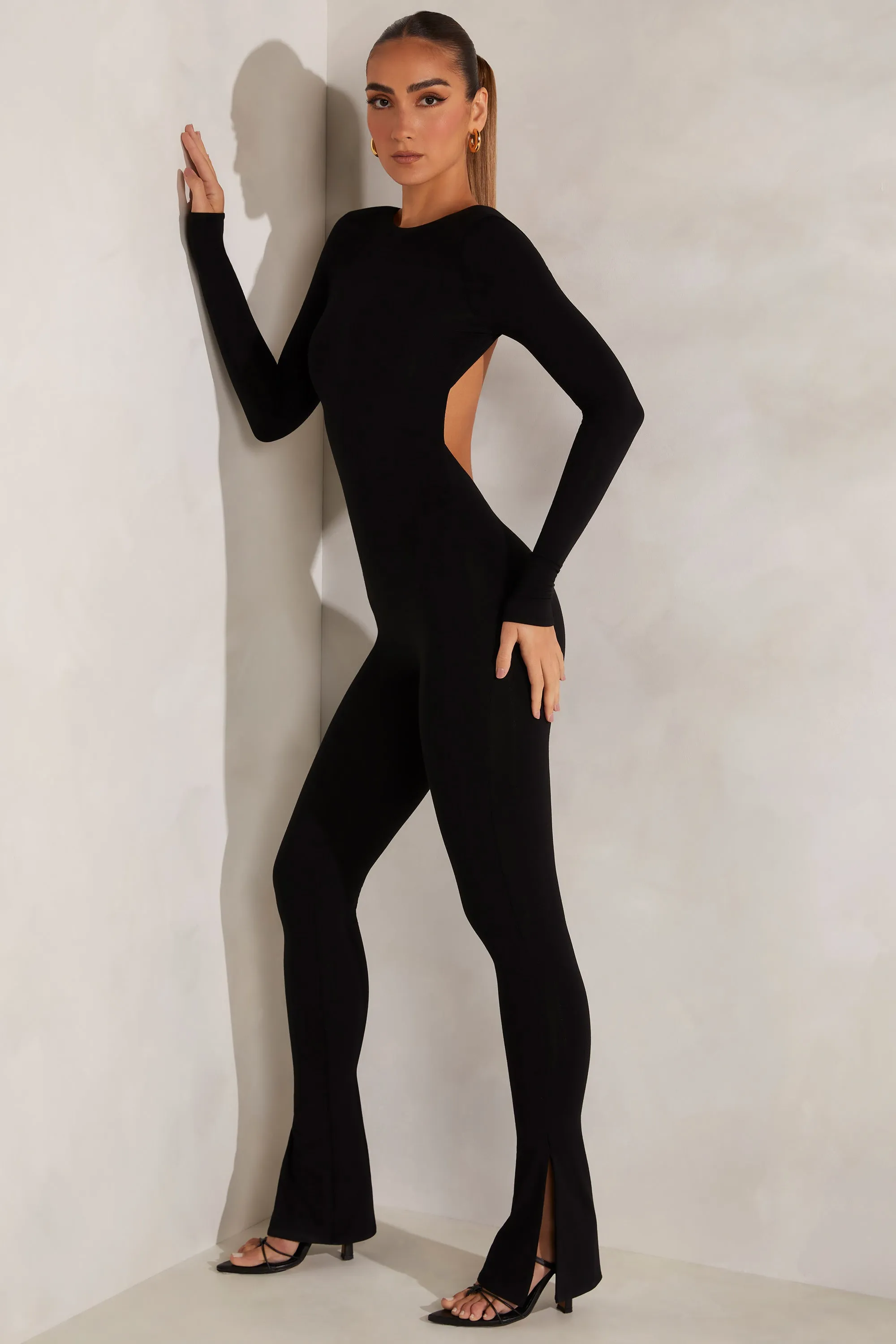 Petite High Neck Open Back Jumpsuit in Black