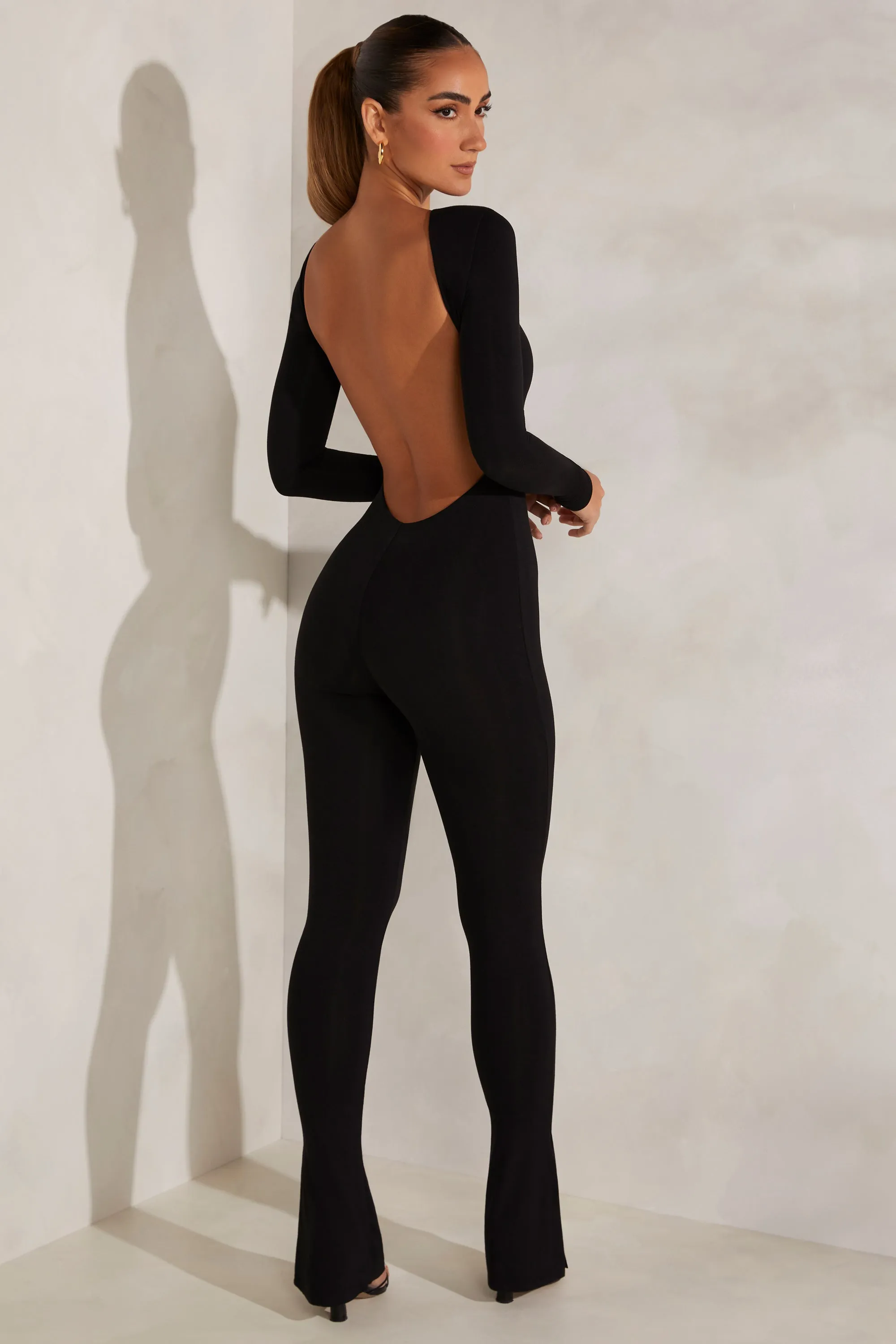 Petite High Neck Open Back Jumpsuit in Black