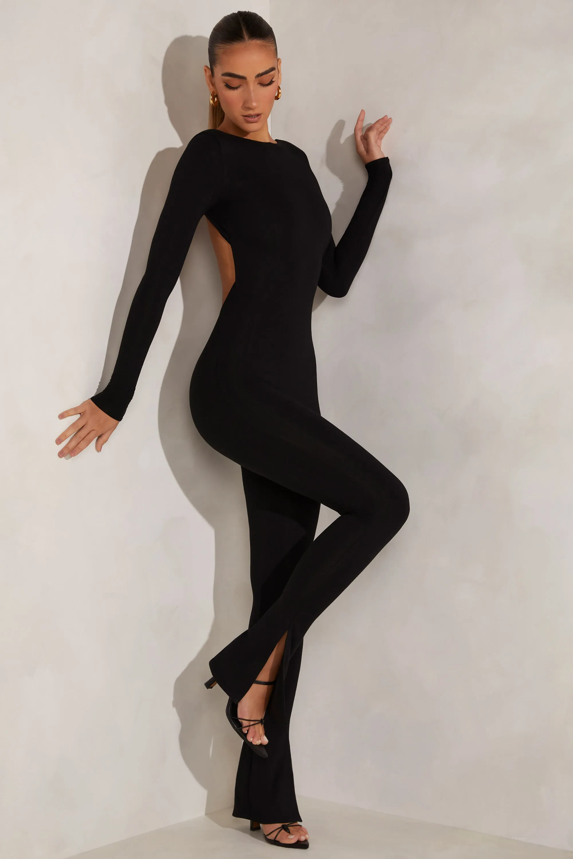 Petite High Neck Open Back Jumpsuit in Black