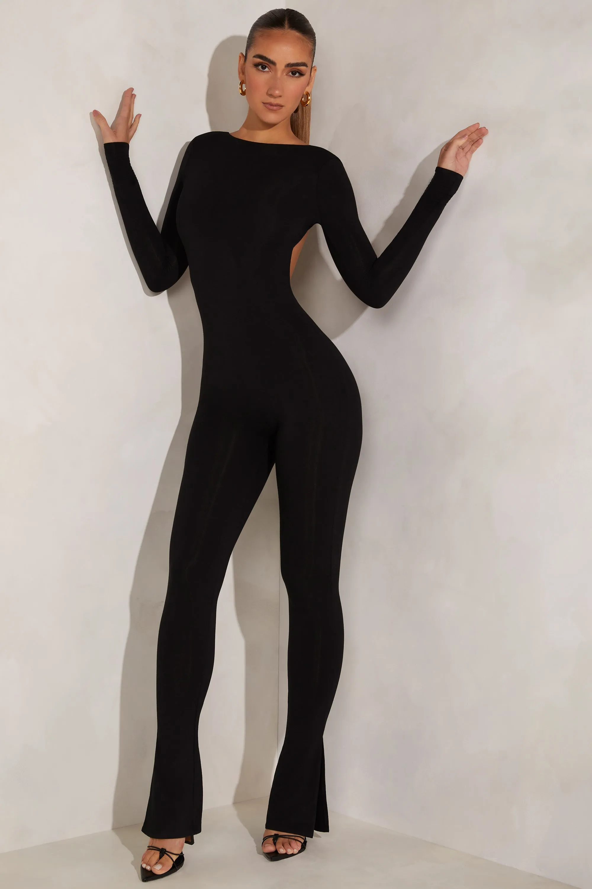 Petite High Neck Open Back Jumpsuit in Black