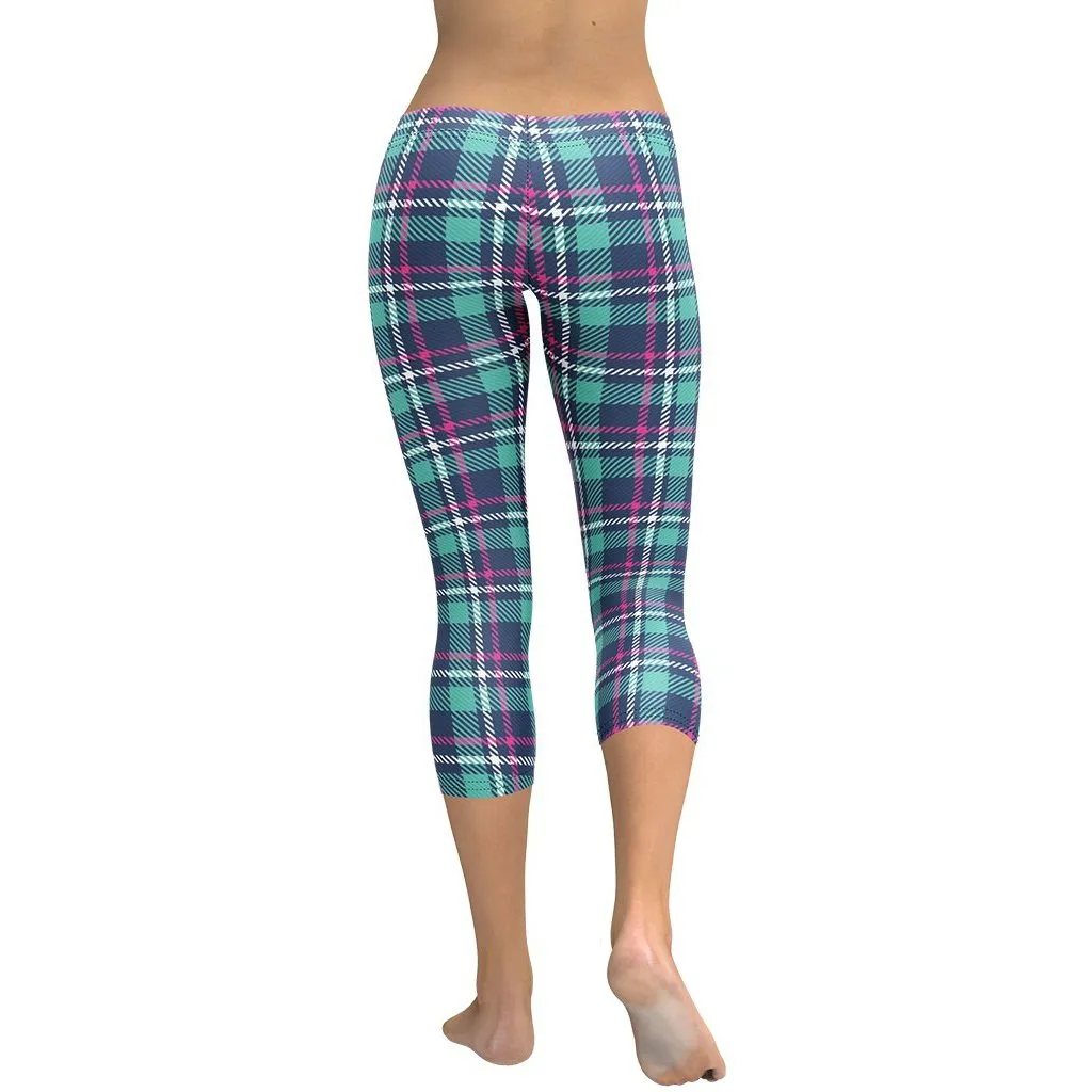 Pink & Turquoise Plaid Print Capris