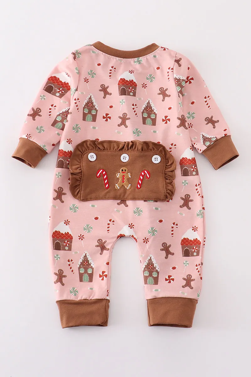 Pink christmas gingerbread girl ruffle zip romper