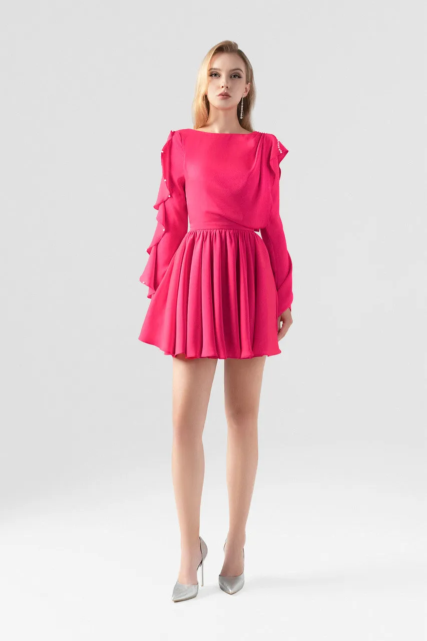 Pink Open Back Ruffled Silk Mini Dress