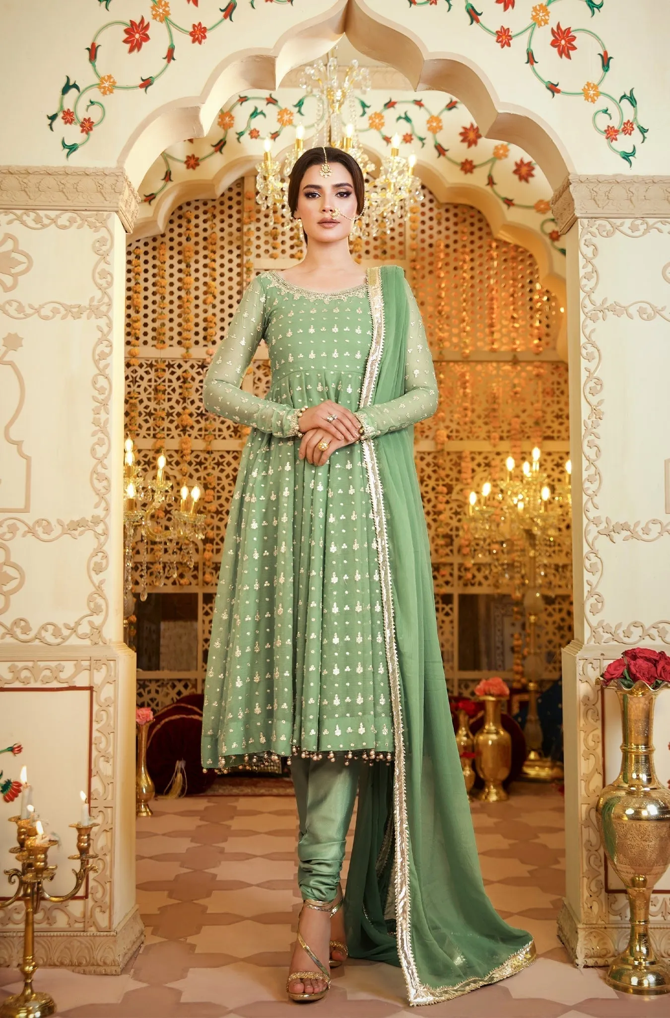 Pista Green Embroidered Chiffon Frock (Masakali)