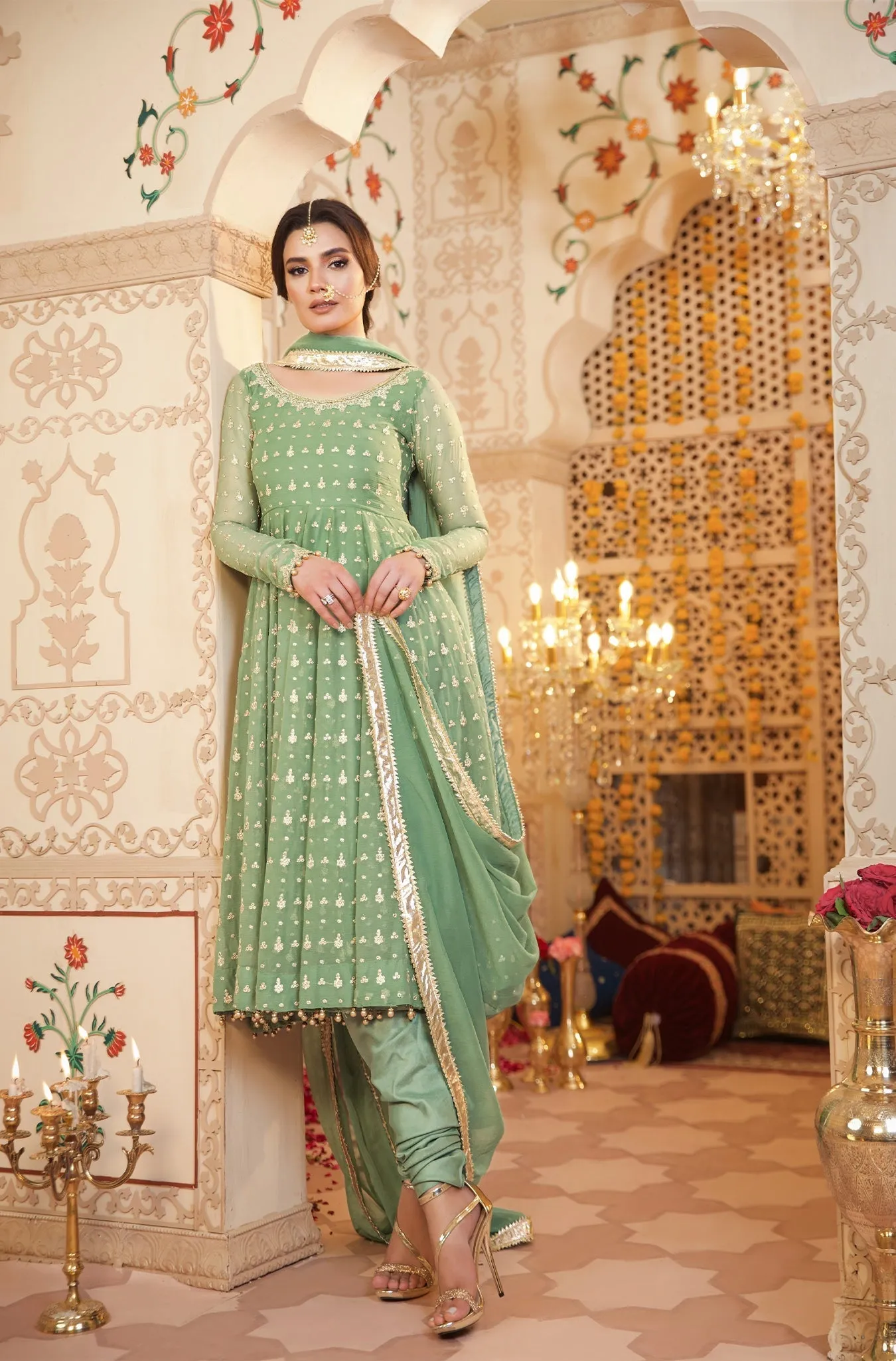 Pista Green Embroidered Chiffon Frock (Masakali)