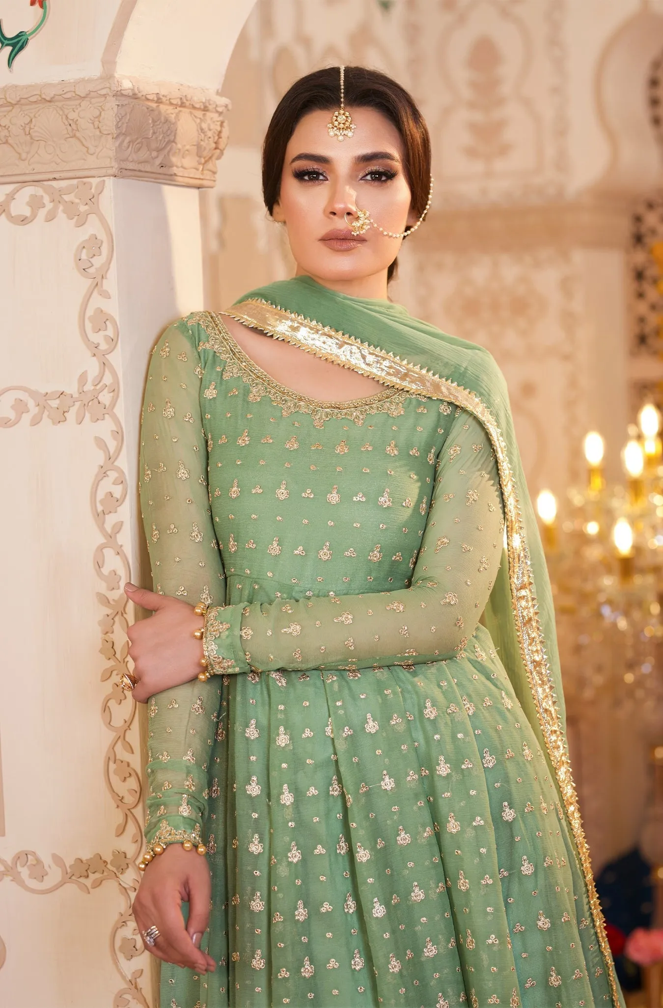 Pista Green Embroidered Chiffon Frock (Masakali)