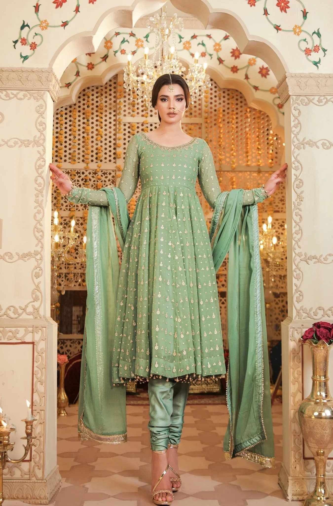 Pista Green Embroidered Chiffon Frock (Masakali)