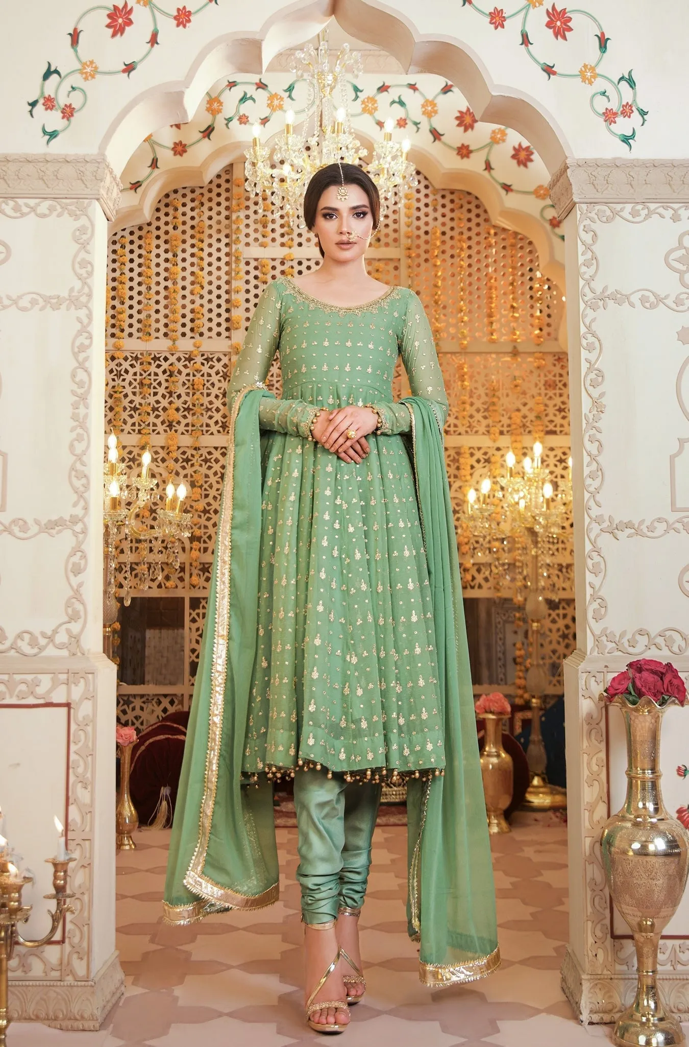 Pista Green Embroidered Chiffon Frock (Masakali)