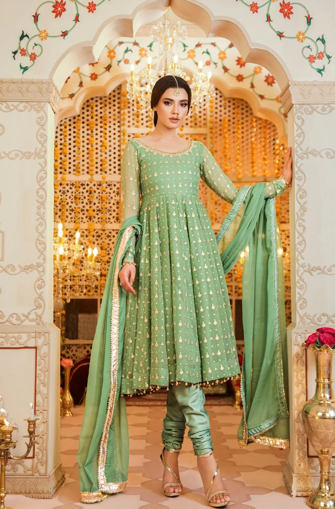 Pista Green Embroidered Chiffon Frock (Masakali)