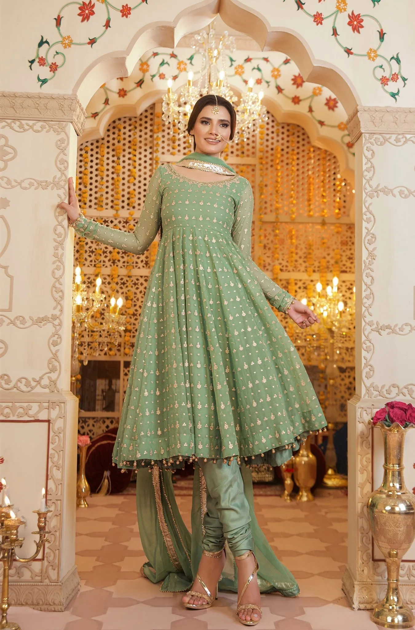 Pista Green Embroidered Chiffon Frock (Masakali)