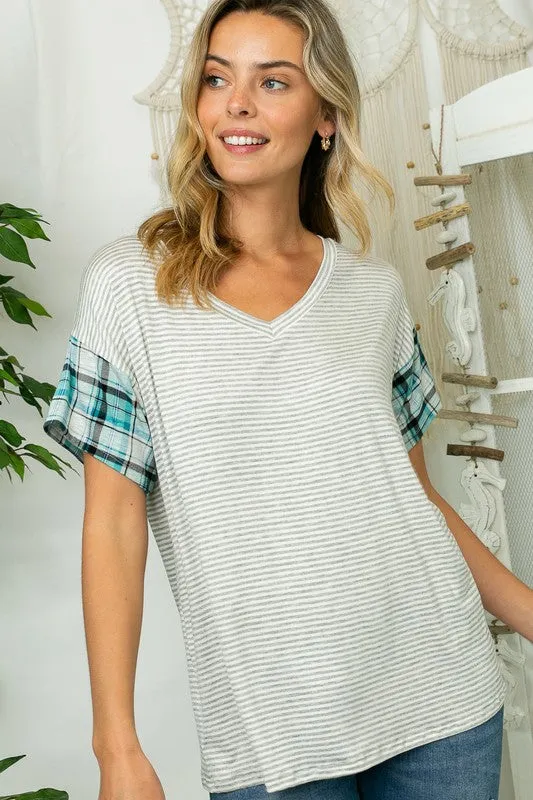 PLAID STRIPE MIXED BOXY TOP