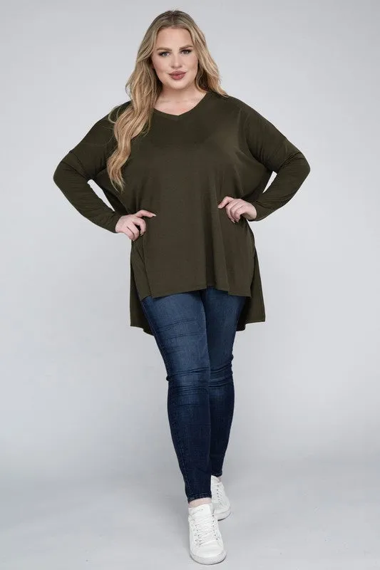 Plus Dolman Sleeve V-Neck Side Slit Hi-Low Hem Top