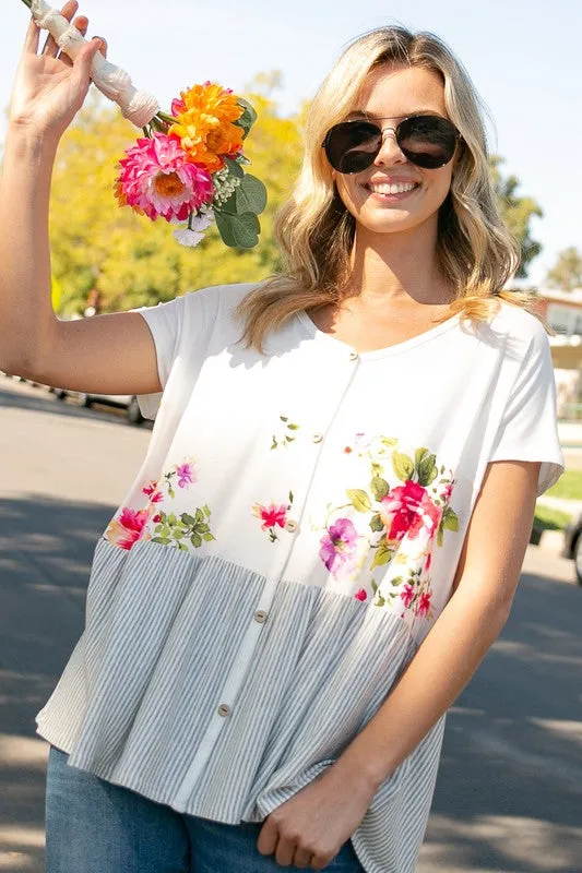 PLUS FLORAL STRIPE MIXED BABYDOLL TOP