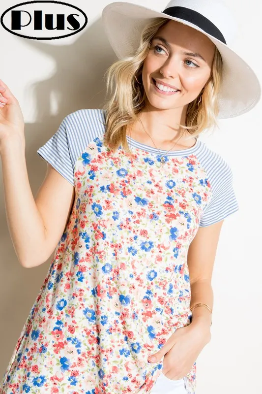 PLUS PIN STRIPE FLORAL MIXED TOP