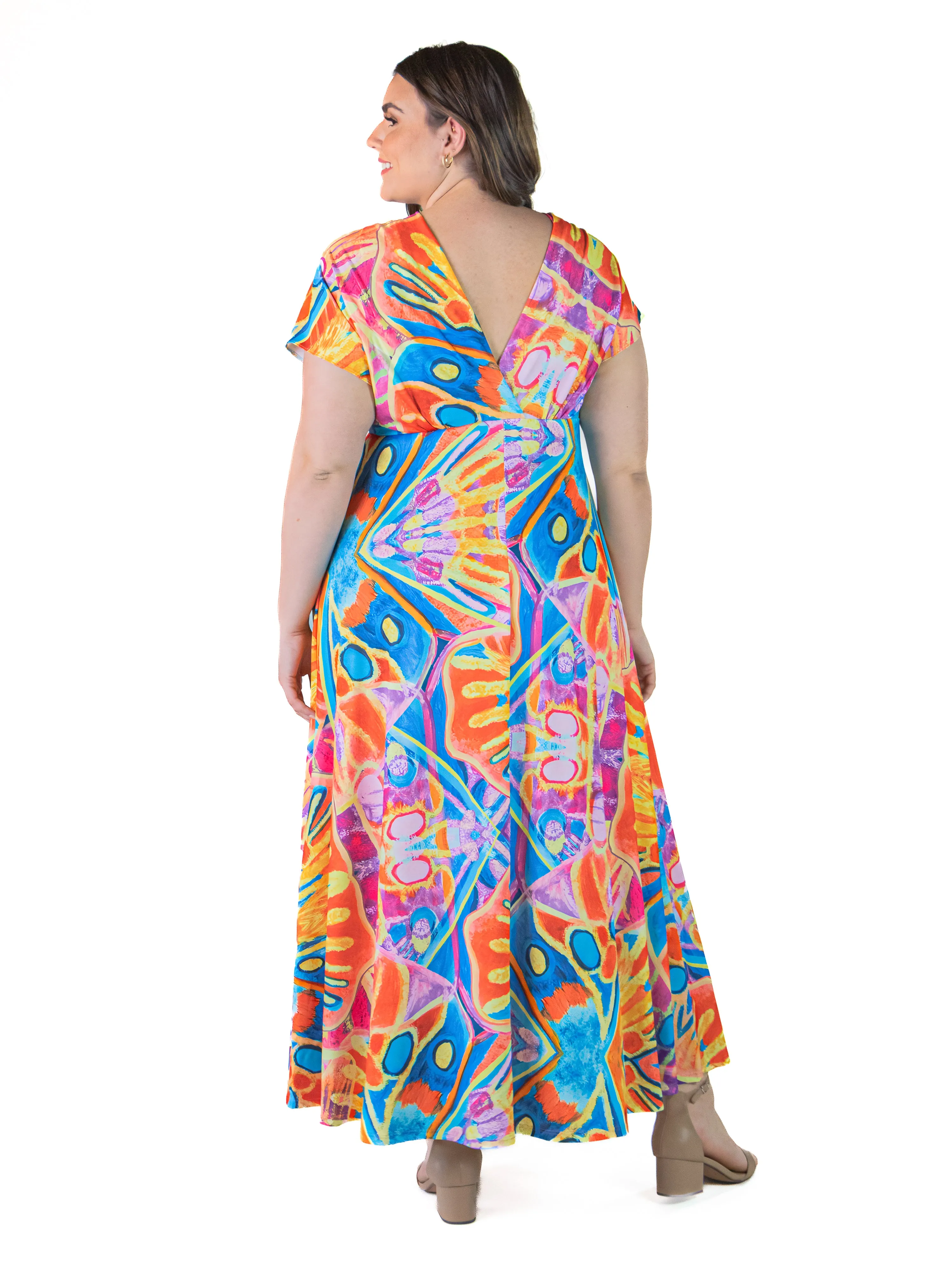 Plus Size Multicolor Print V Neck Cap Sleeve Flowy Empire Waist Maxi Dress