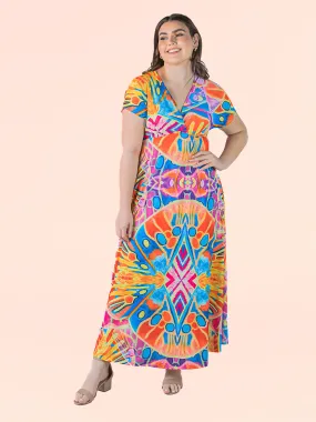 Plus Size Multicolor Print V Neck Cap Sleeve Flowy Empire Waist Maxi Dress