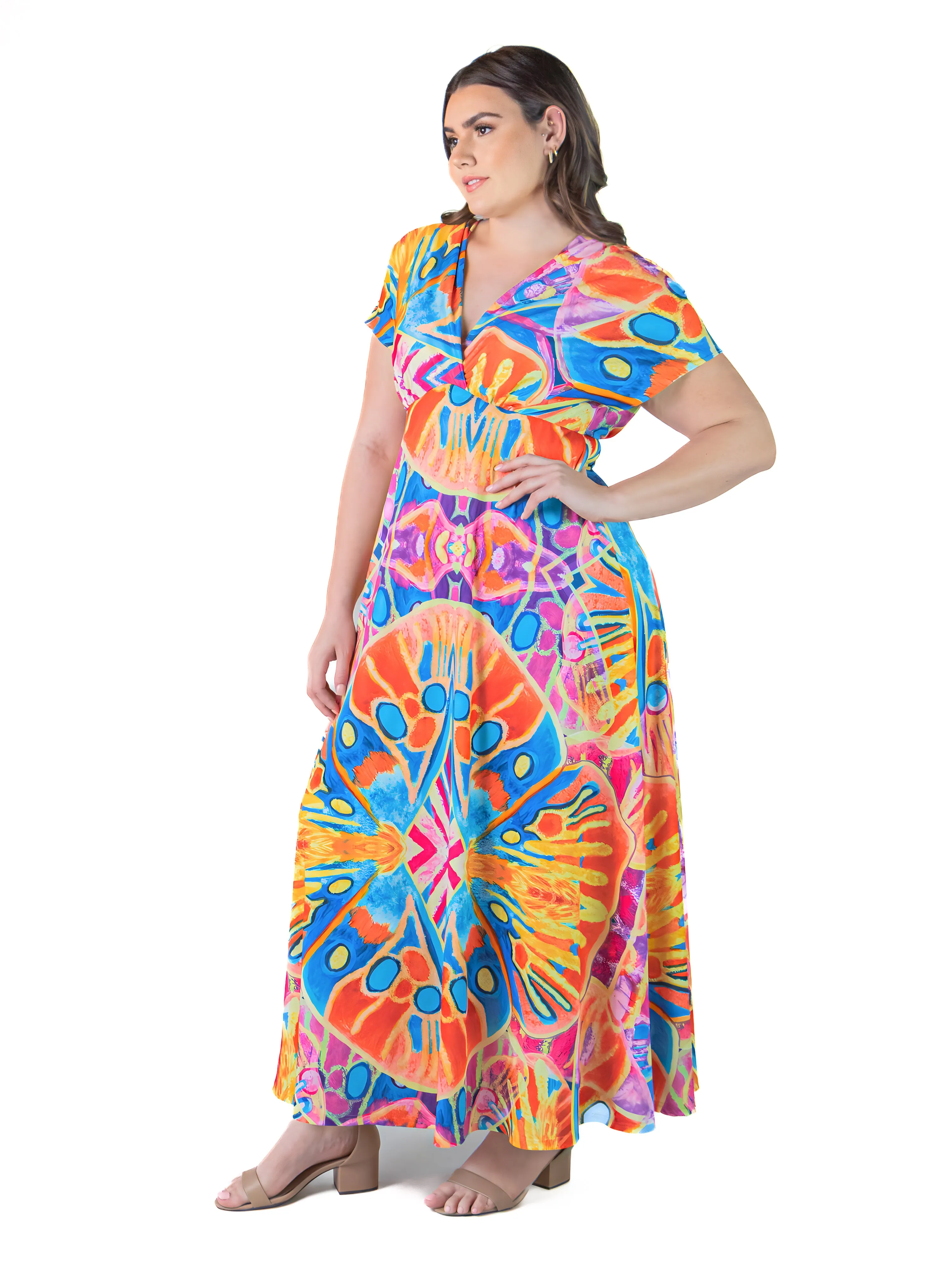 Plus Size Multicolor Print V Neck Cap Sleeve Flowy Empire Waist Maxi Dress