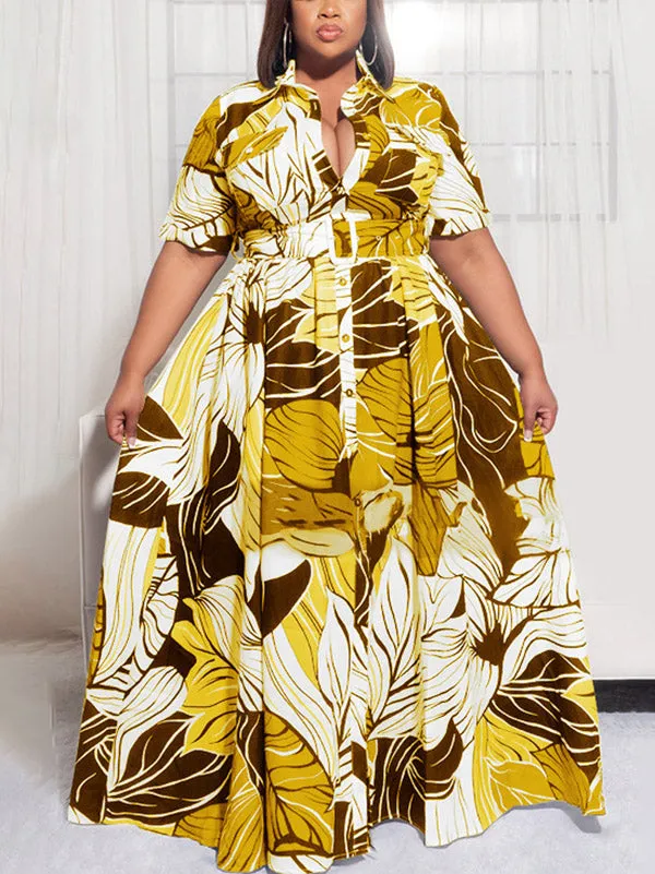 Printed V Graceful Neck Belt Dress