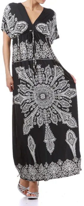 Printed V-Neck Cap Sleeve Empire Waist Long / Maxi Dress