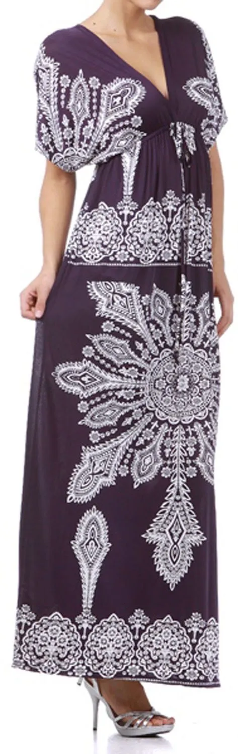 Printed V-Neck Cap Sleeve Empire Waist Long / Maxi Dress