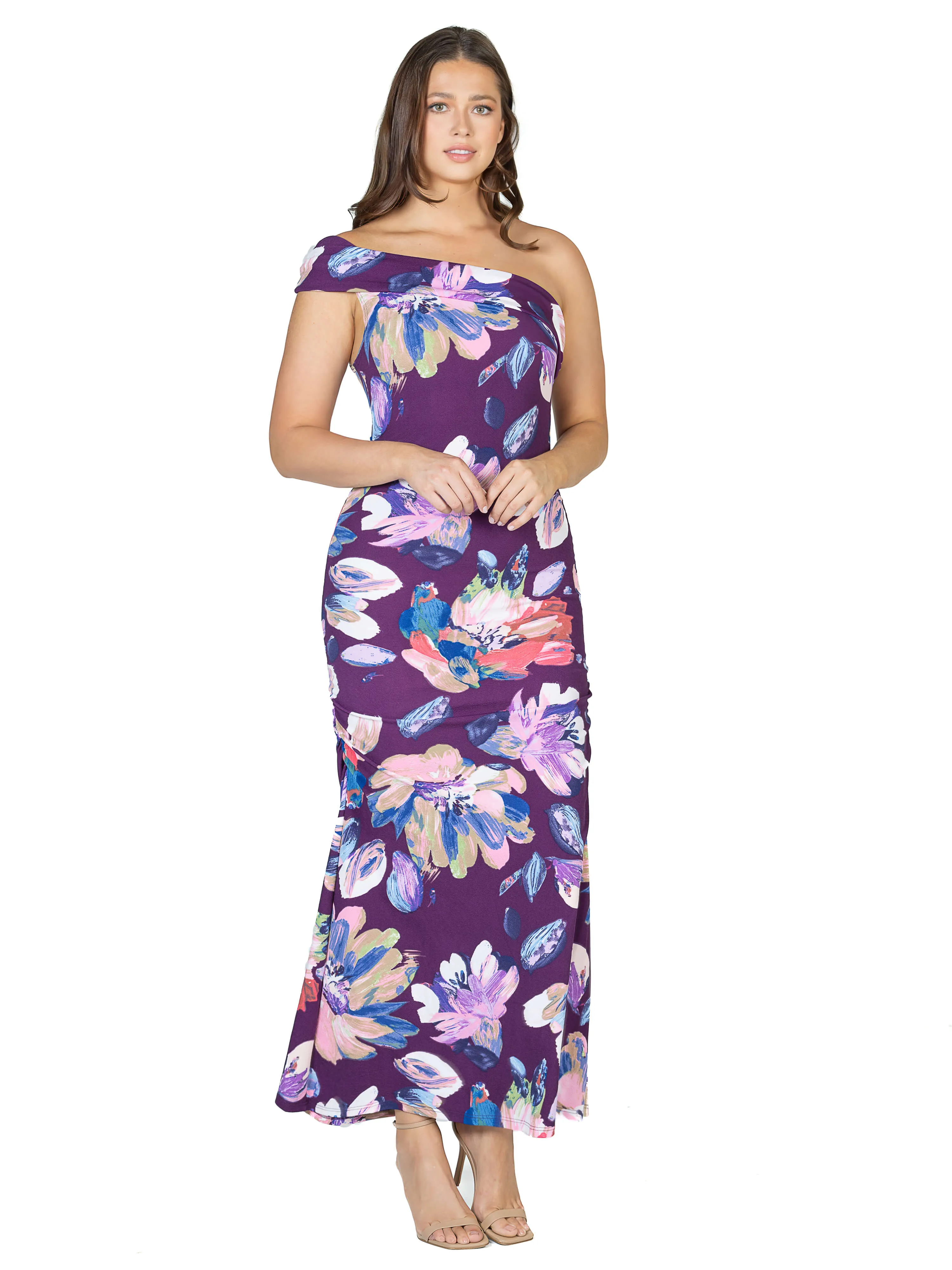 Purple Floral One Shoulder Rouched Mermaid Maxi Dress