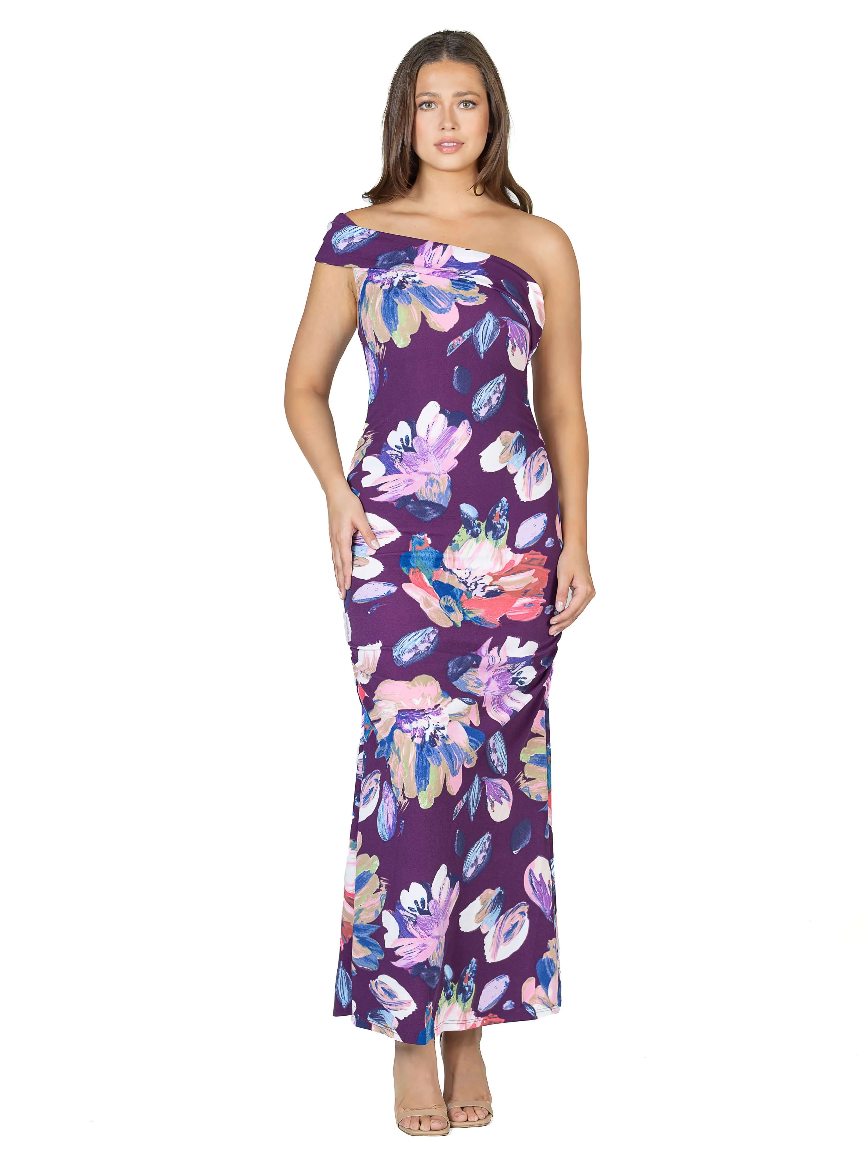 Purple Floral One Shoulder Rouched Mermaid Maxi Dress