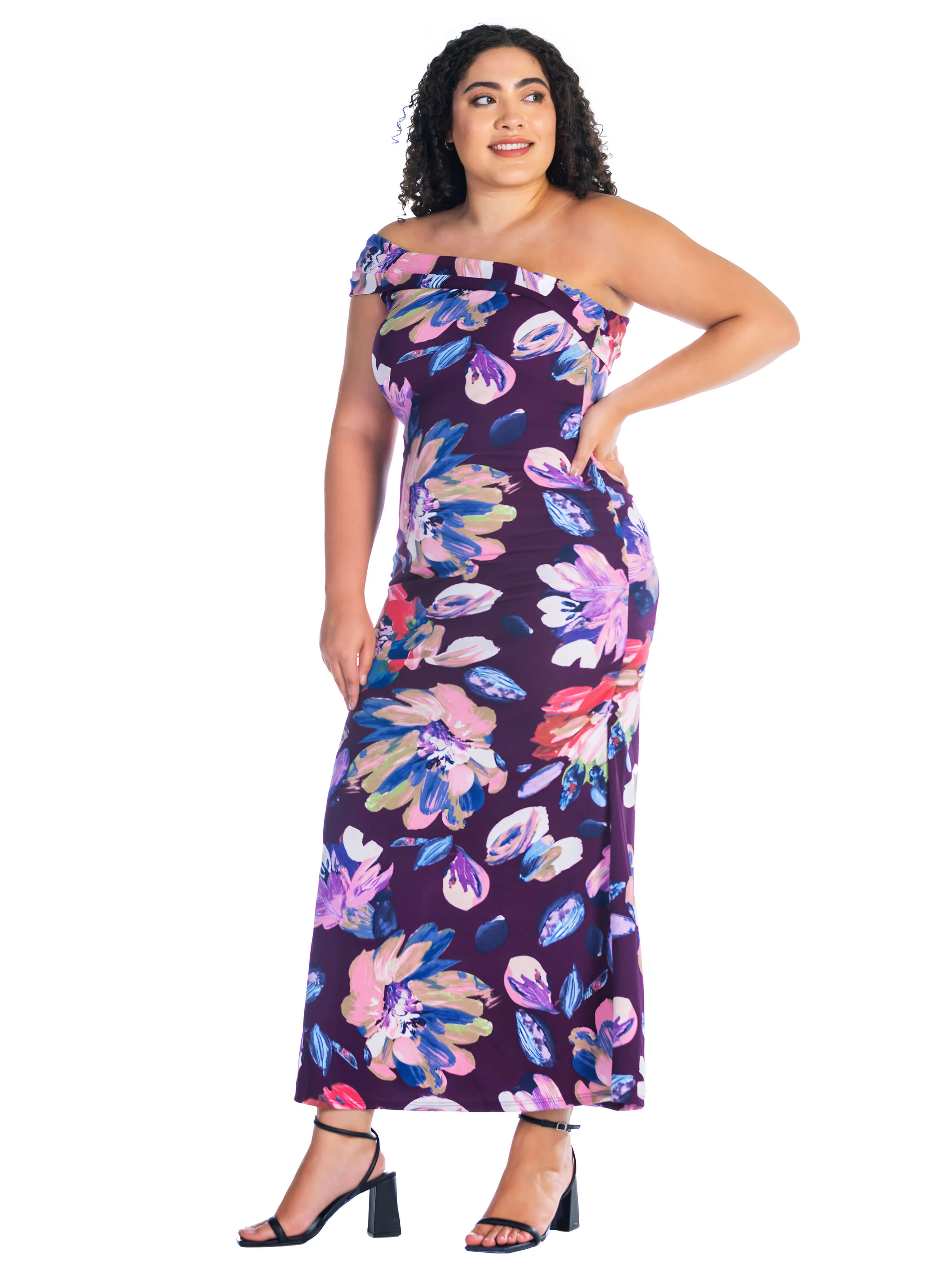 Purple Floral One Shoulder Rouched Mermaid Plus Size Maxi Dress