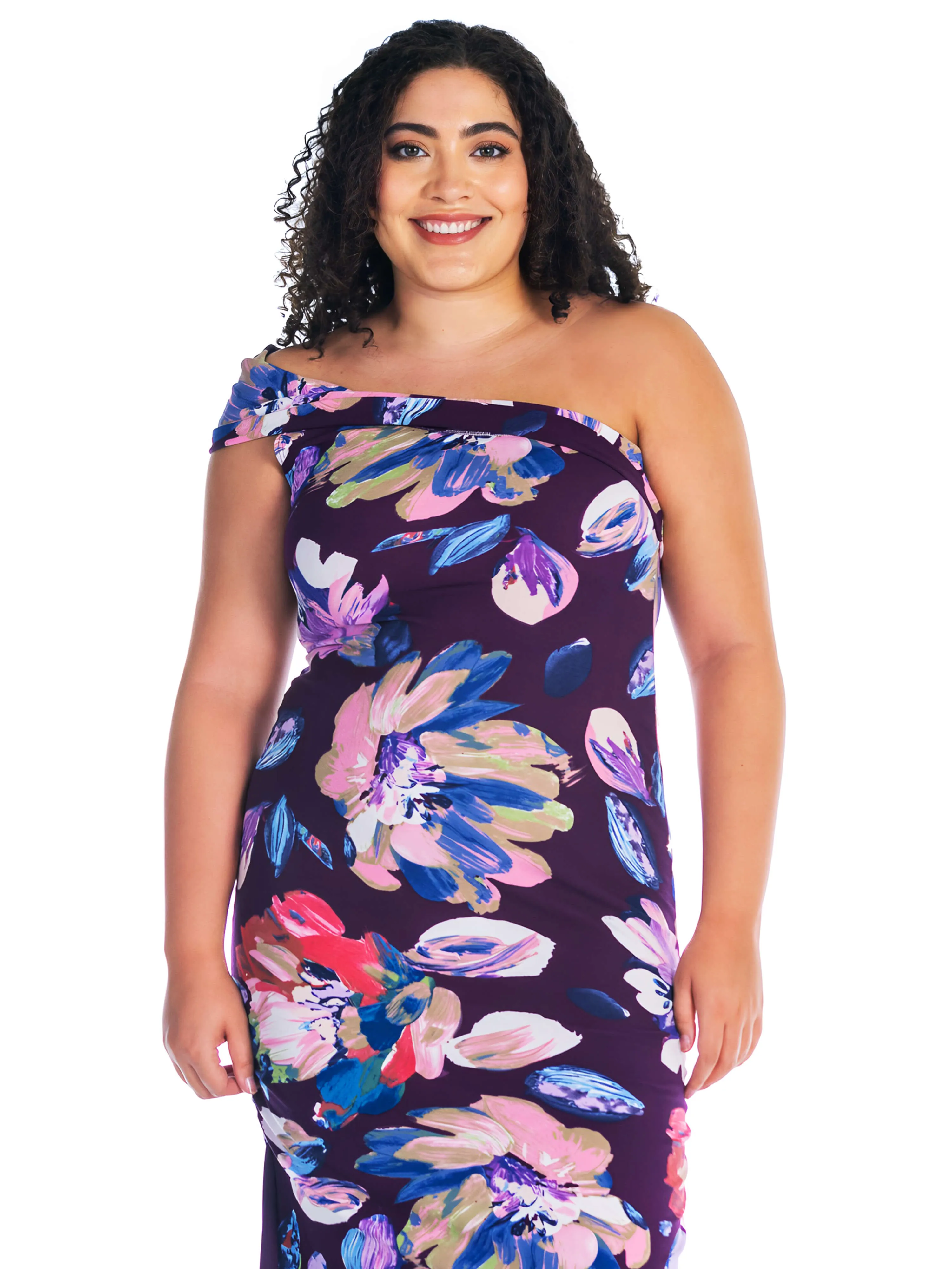 Purple Floral One Shoulder Rouched Mermaid Plus Size Maxi Dress