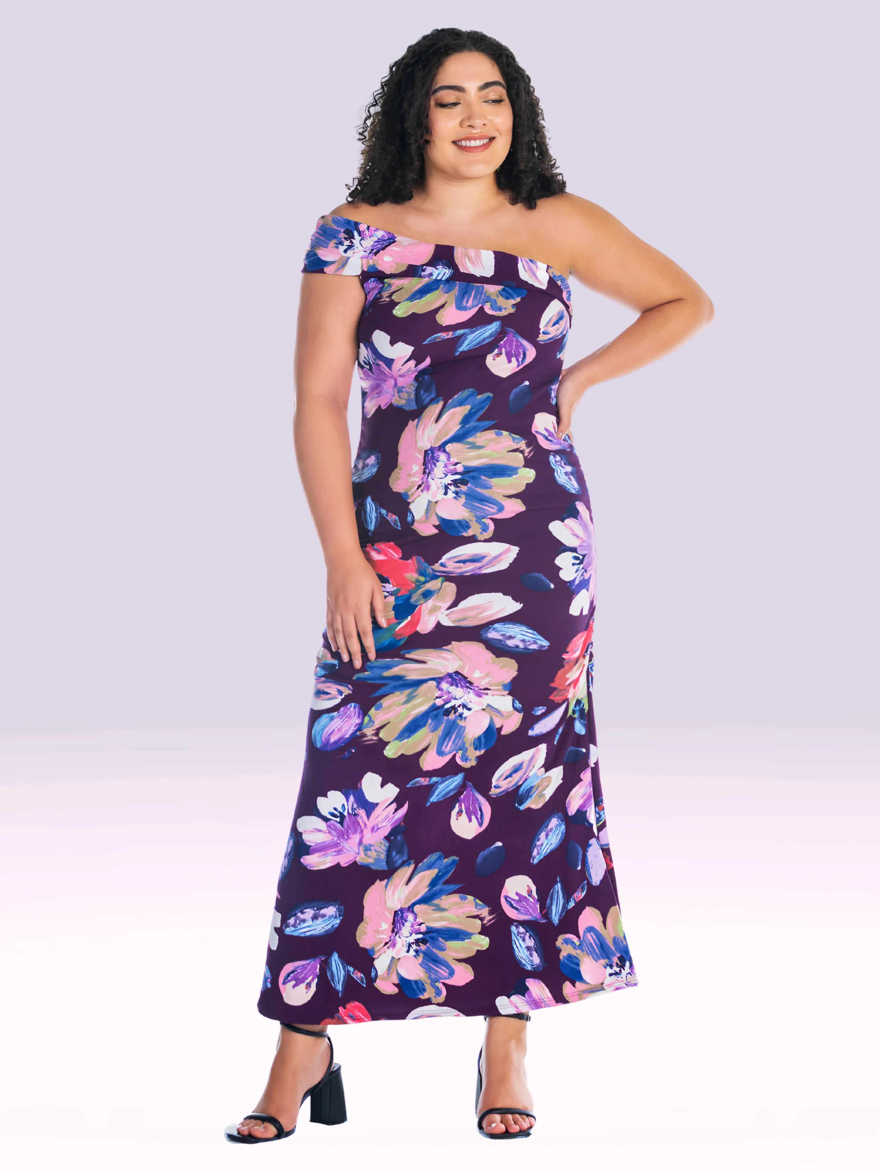 Purple Floral One Shoulder Rouched Mermaid Plus Size Maxi Dress