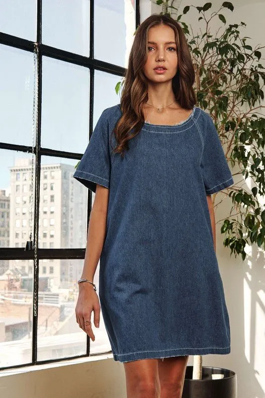 Raw Hem Mini Denim Dress with Pockets