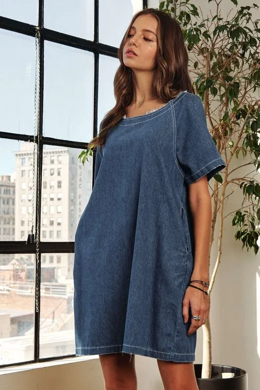 Raw Hem Mini Denim Dress with Pockets