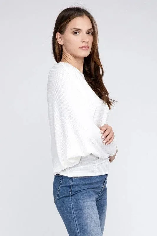 Ribbed Batwing Long Sleeve Boat Neck Sweater