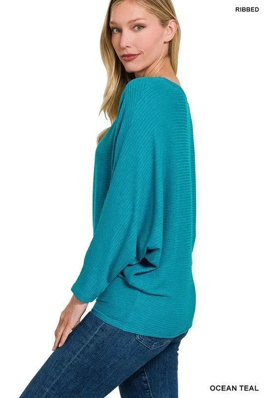 Ribbed Batwing Long Sleeve Boat Neck Sweater