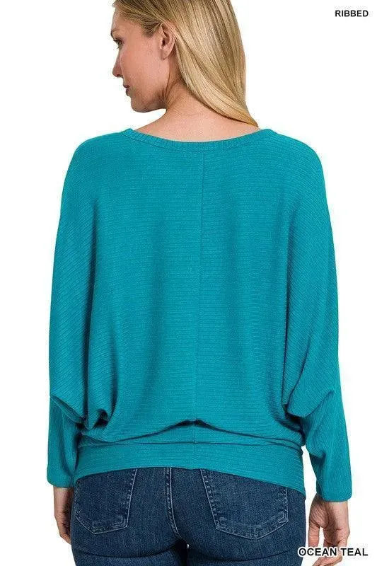 Ribbed Batwing Long Sleeve Boat Neck Sweater