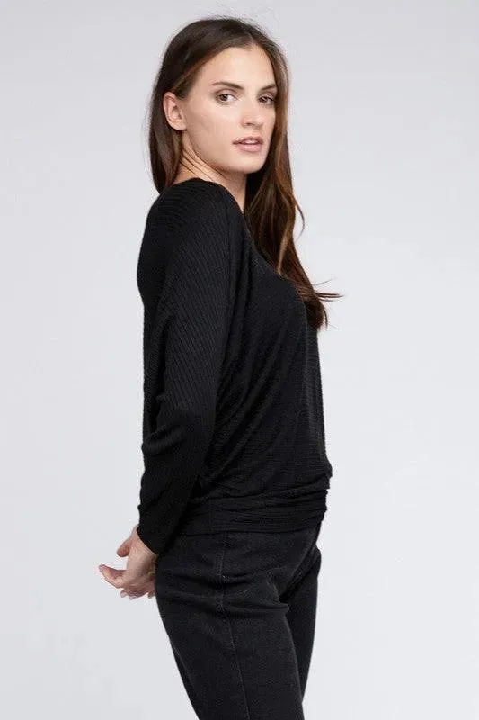 Ribbed Batwing Long Sleeve Boat Neck Sweater