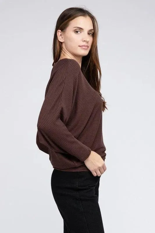 Ribbed Batwing Long Sleeve Boat Neck Sweater