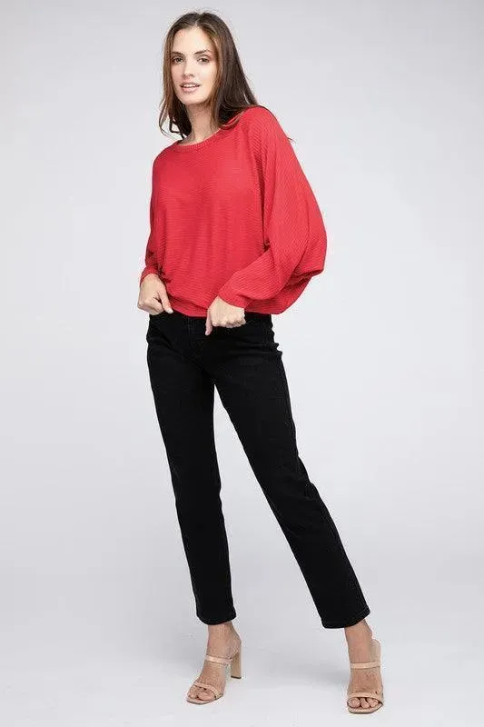 Ribbed Batwing Long Sleeve Boat Neck Sweater